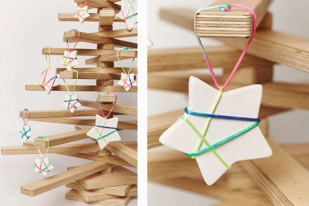 Ceramic Hanging Star Ornaments in Wooden Christmas Tree, available at One Two Tree Designs