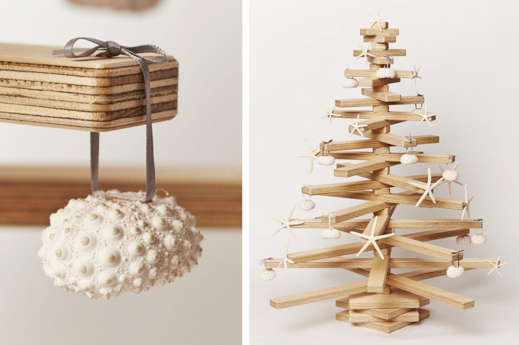 Shell and Star Tree Ornament Decoration on Wooden Christmas Tree