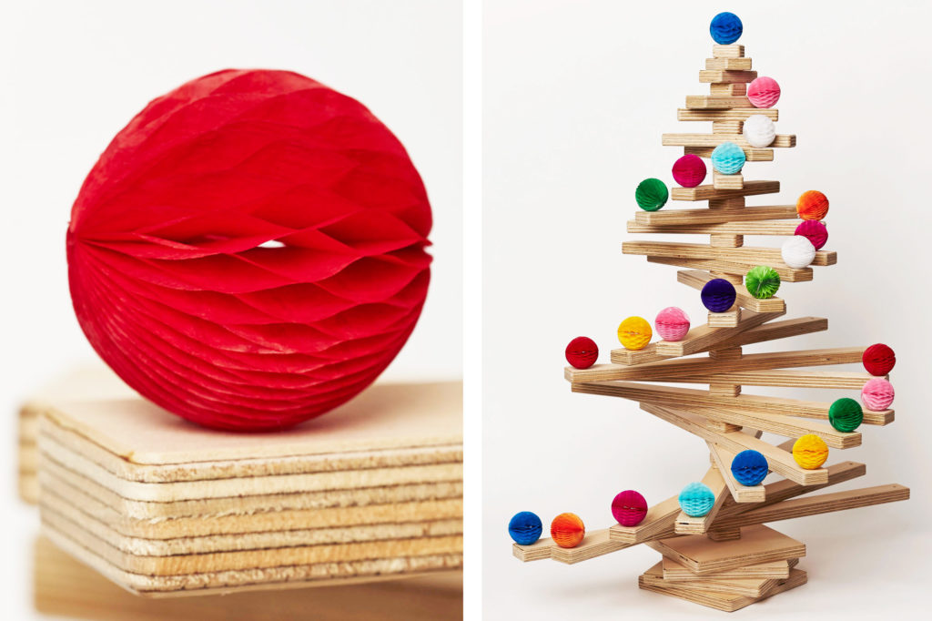 One Two Tree Wooden Christmas Tree Decorated with Honeycomb Tissue Balls