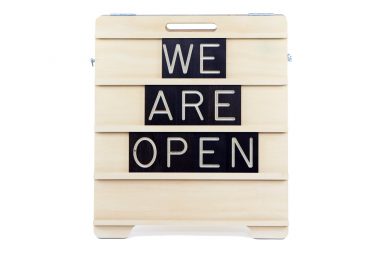 We are Open Mini Sandwich Board - Wooden Message Board by One Two Tree Designs