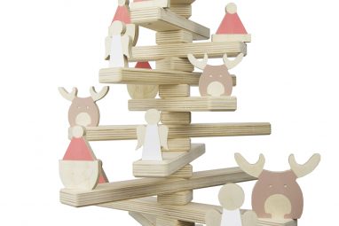 Christmas Tree Decorated with Wooden Reindeer, Santa Hat, and Angel Ornament Set